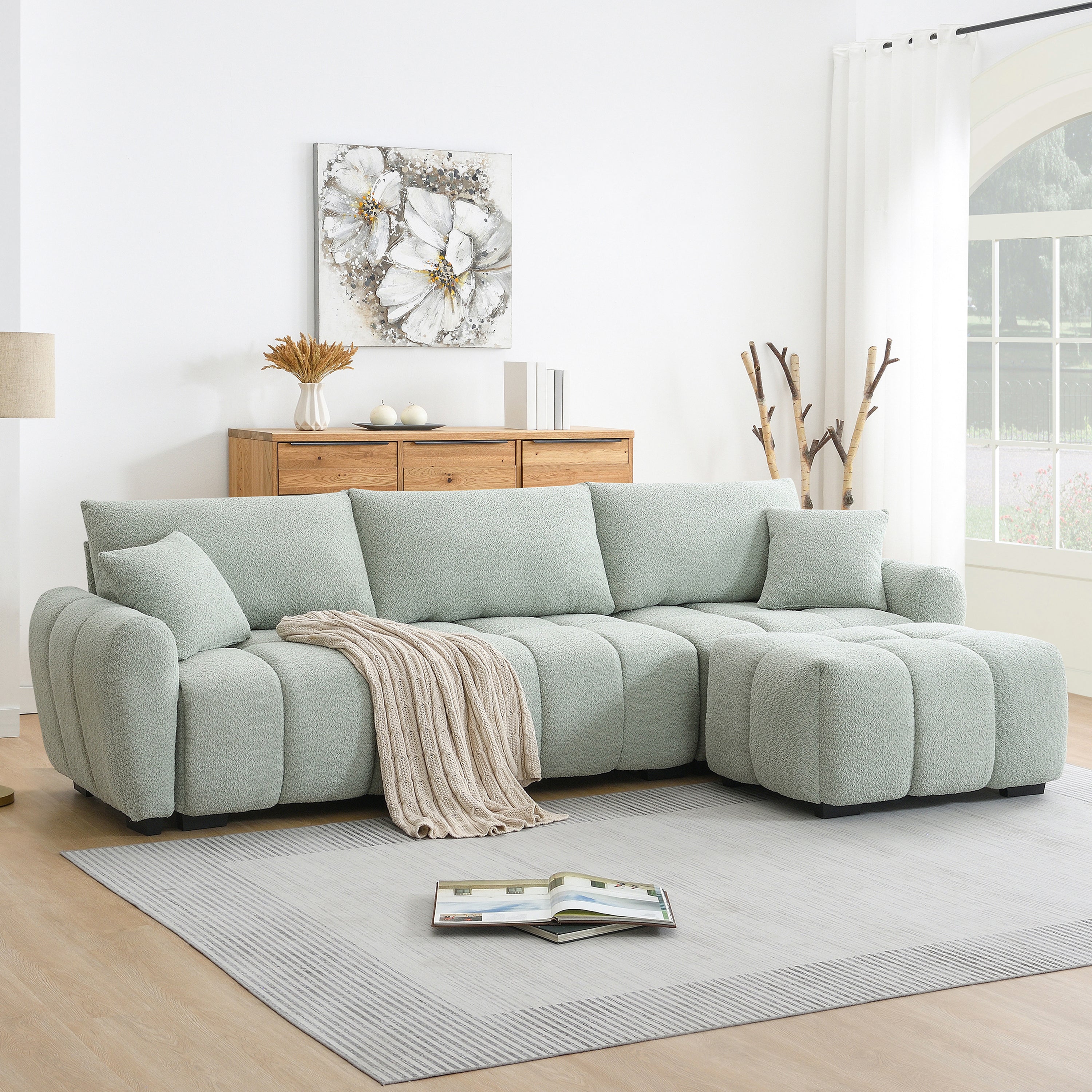 [VIDEO] 110' Modular Sectional Sofa, L Shape with Extra-large Seat, Pull-line Design, Movable Ottoman, High Density Foam, Free Combination, Sturdy Metal&Wood Frame, Boucle Fabric, 3 Colors