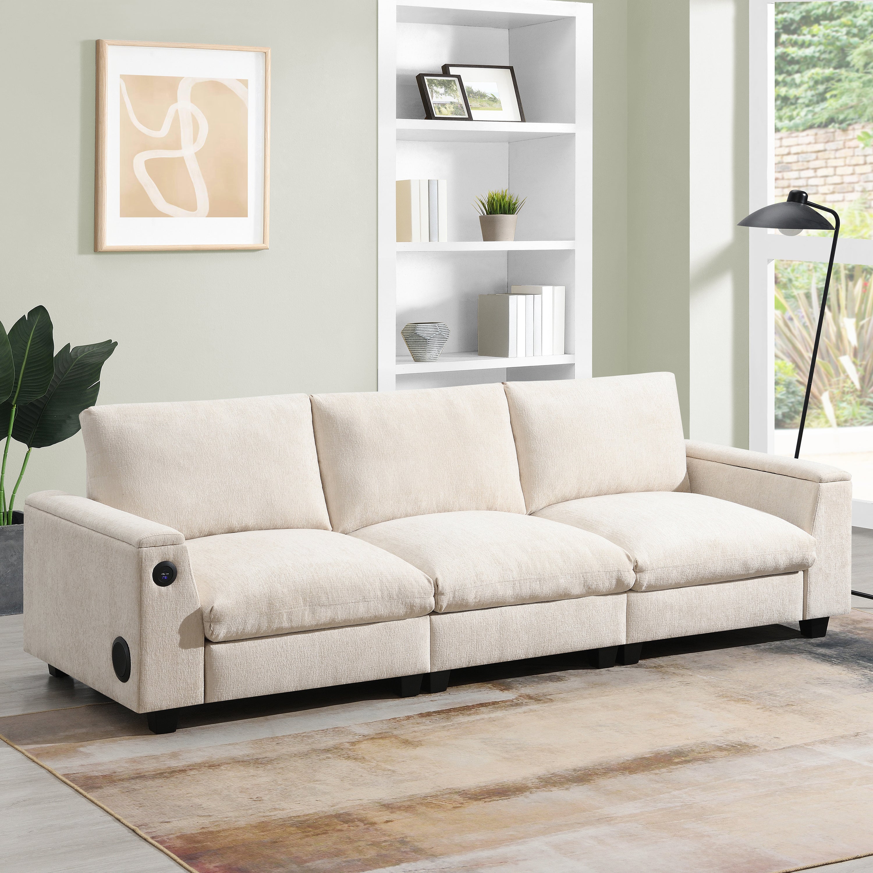 Chenille Sectional Sofa with Bluetooth Speaker, Comfy Cloud Couch Set with Drop Down Table, Cup Holders, USB Charger, Storage Armrest, Wide Seat, 96*35''