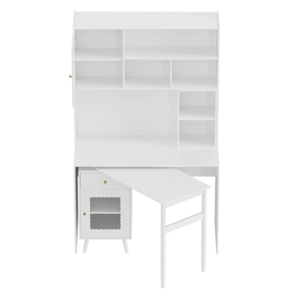 Computer Desk with 90 Degree Rotating Desktop, 43x70 Inch Office Desk with Storage Drawer and Cabinets, Gaming Desk with Shelves, Writing Desk for Study, Work Desk for Home Office Bedroom Living Room