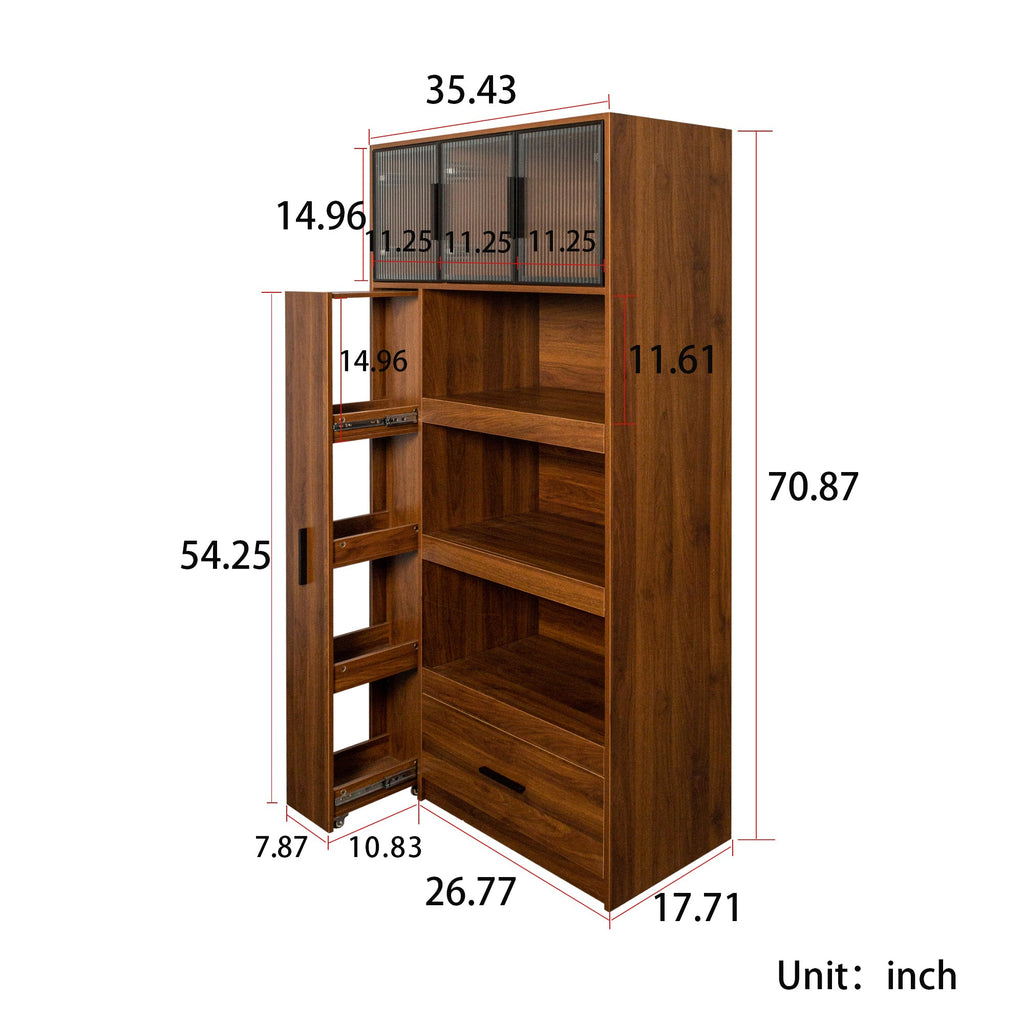 70.87' Tall Kitchen Pantry Cabinet with multi-functional pull-out multi-tier storage shelf, 1 Drawers,with Aluminum frame glass door,Freestanding Food Hutch with Microwave Stand for Dining Room