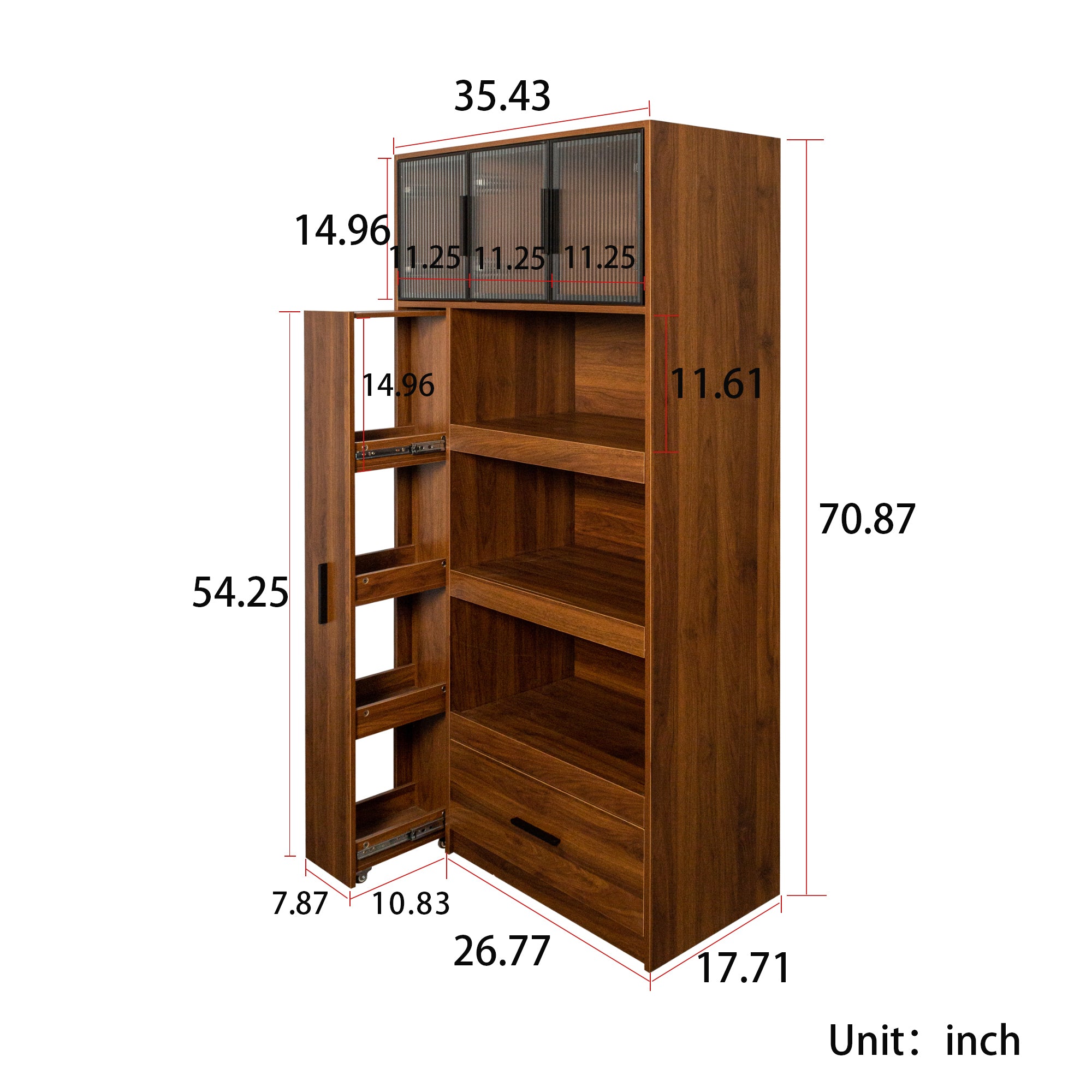 70.87' Tall Kitchen Pantry Cabinet with multi-functional pull-out multi-tier storage shelf, 1 Drawers,with Aluminum frame glass door,Freestanding Food Hutch with Microwave Stand for Dining Room