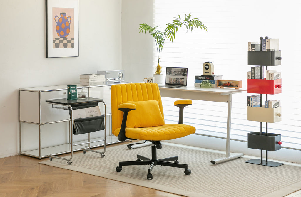 Yellow Linen Criss Cross Armrest Office Chair with Wheels - Ergonomic for Home Office, Work & Study