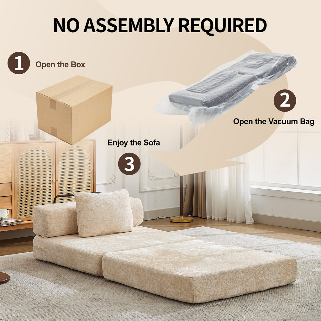 Compression Sofa,Convertible Floor Sofa Bed with Fixed-Shape Frame,Single Seater Boneless Modular Sectional Sofa,No Assembly Required,Chenille fabric,for Living Room Bedroom,Beige