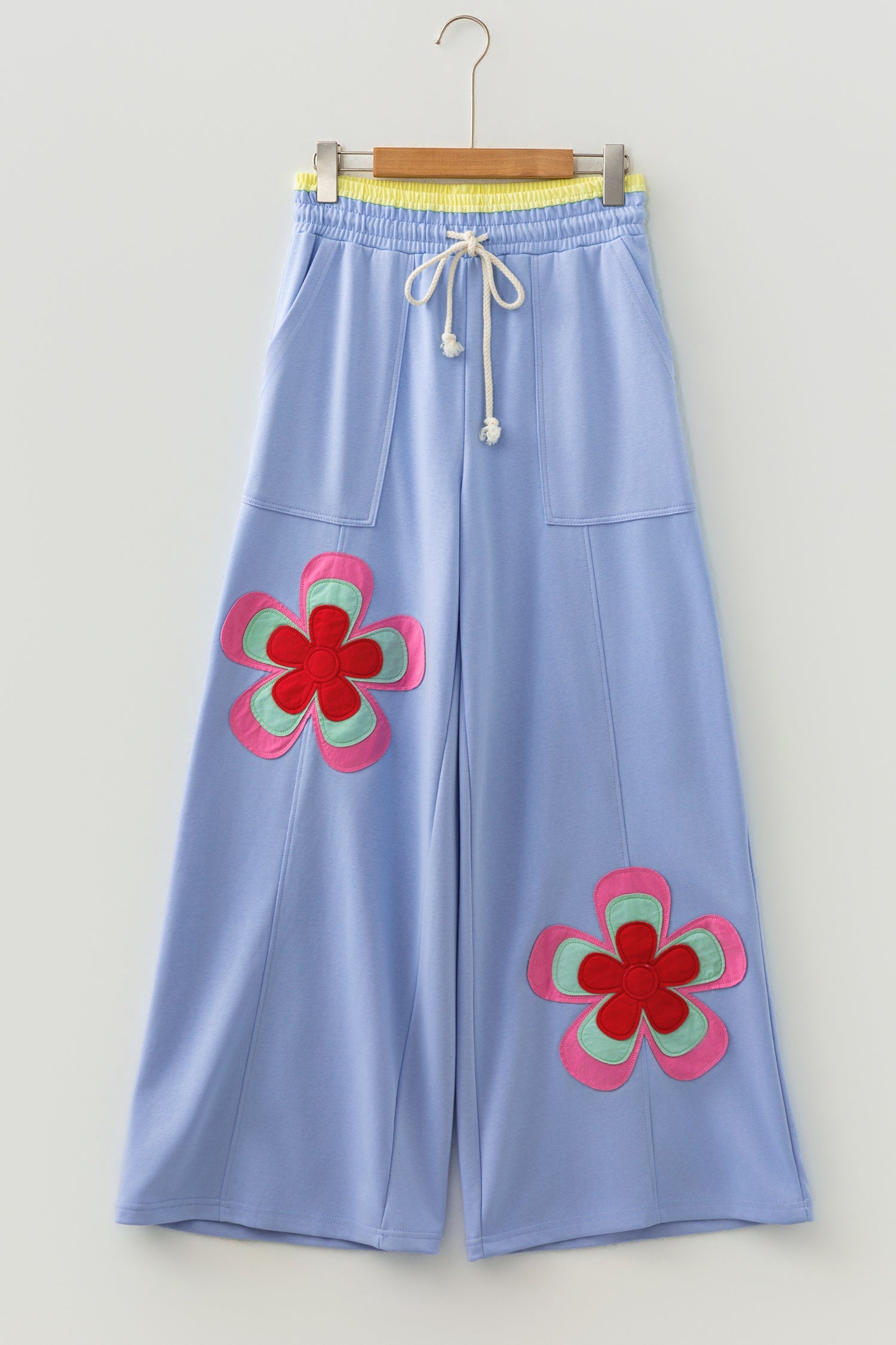 Colorblock Flower Patchwork Drawstring Wide Leg Pants