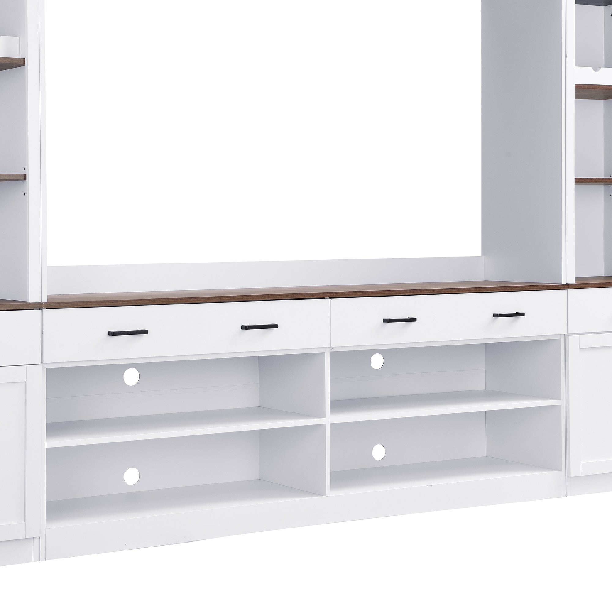 ON-TREND Farmhouse 4-Piece Entertainment Wall Unit Set with Bookshelf for TVs Up to 70', Walnut TV Stand with Adjustable Shelves, Mid-Century Large Media Console with Wine Rack for Living Room, White