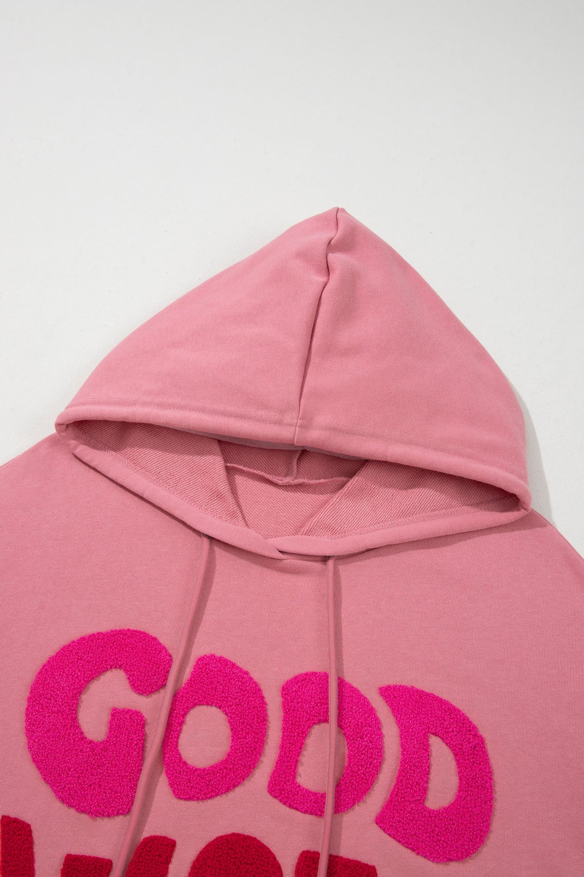 GOOD VIBES Textured Letter Print Drawstring Hoodie