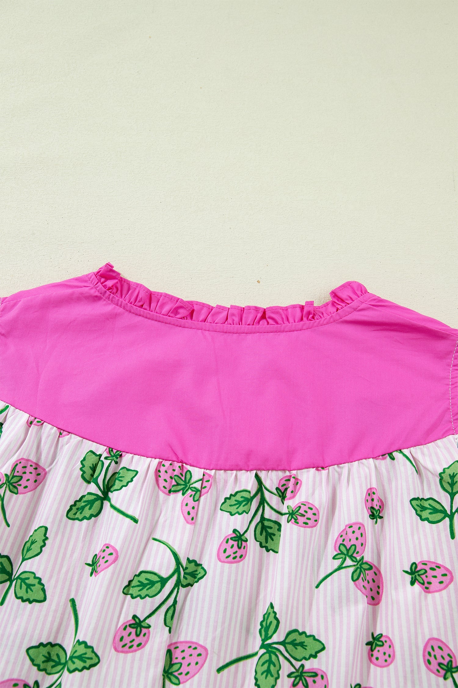 Stripe Strawberry Patchwork Flutter Sleeve V-Neck Blouse