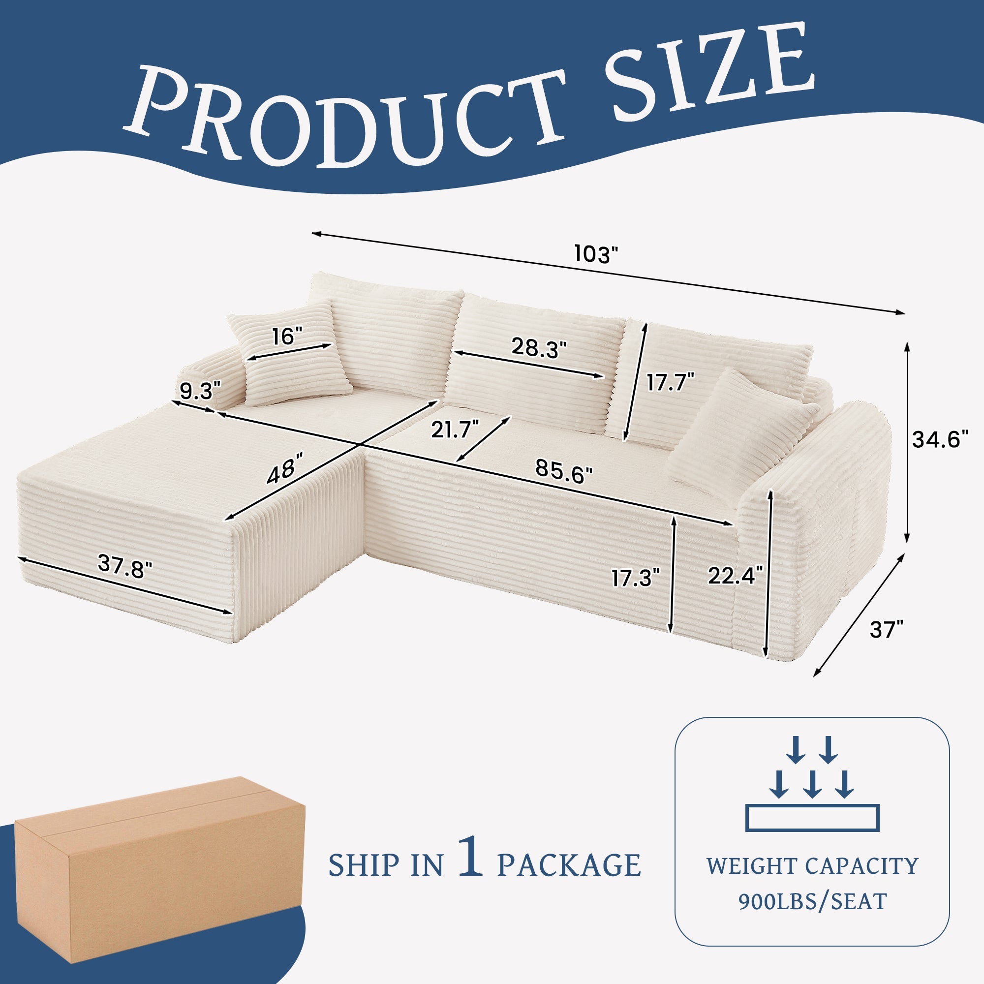 Full-Compression Chaise Lounge Set – Modular Corduroy Sectional with Arched Armrests, Non-Slip Base, Includes 3 Back Cushions & 2 Throw Pillows
