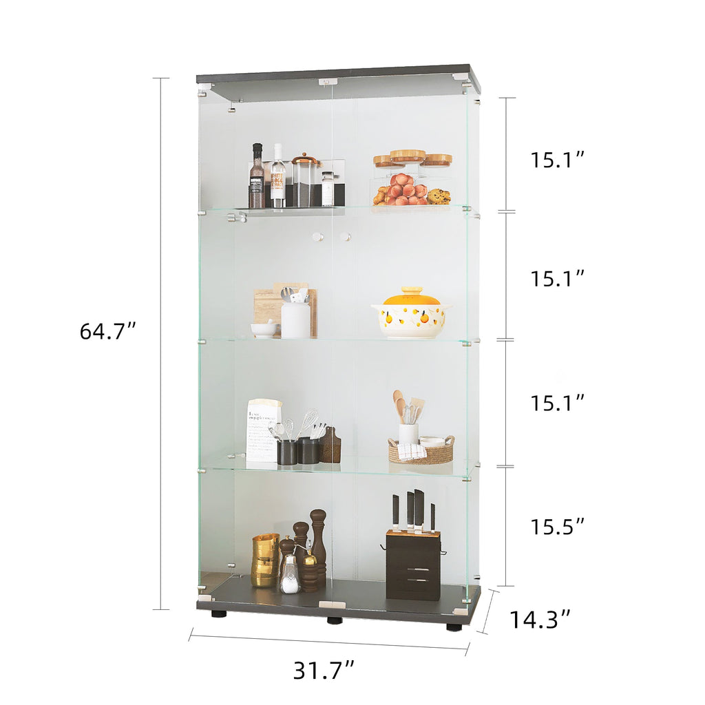 Two-door Glass Display Cabinet 4 Shelves with Door, Floor Standing Curio Bookshelf for Living Room Bedroom Office,  64.7'*31.7'*14.3',Black