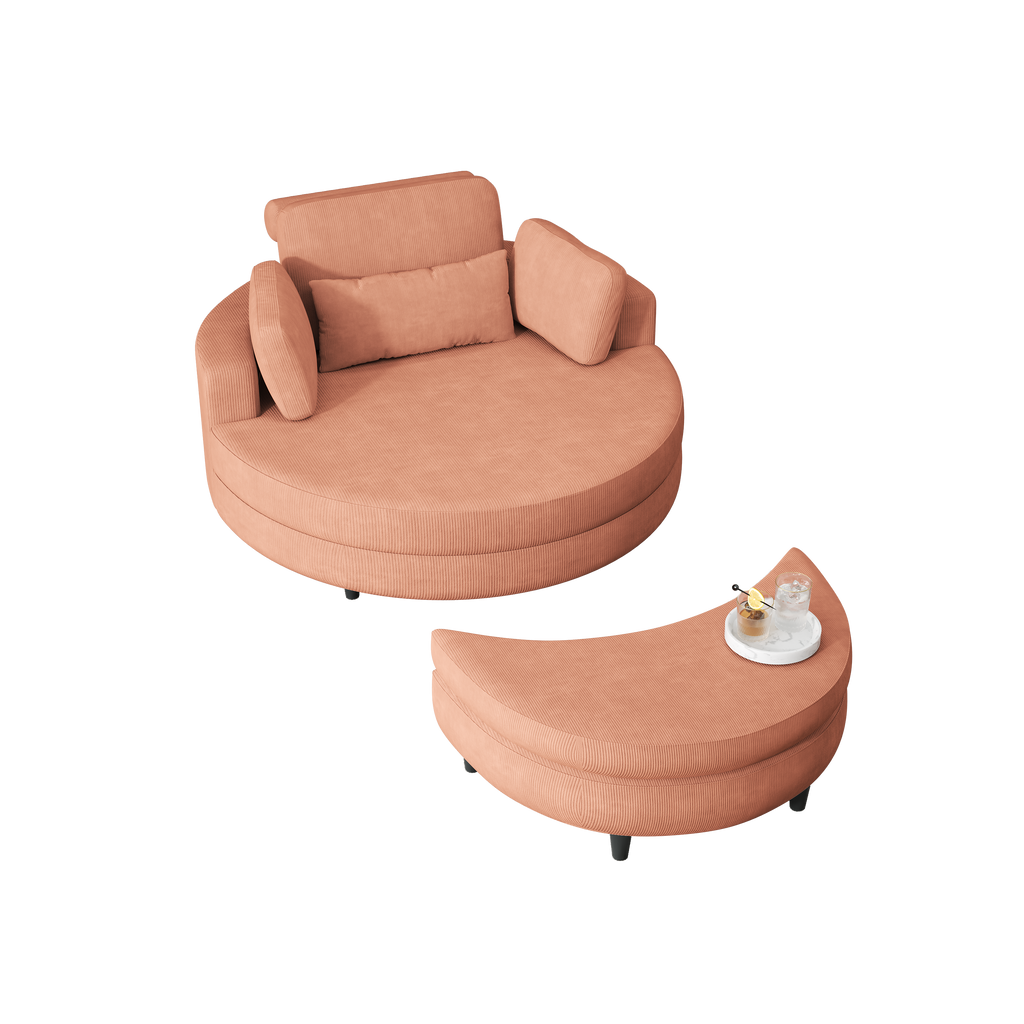 A 51-inch orange corduroy sofa with two throw pillows, a waist pillow and an extra tray is comfortable for a small apartment bedroom