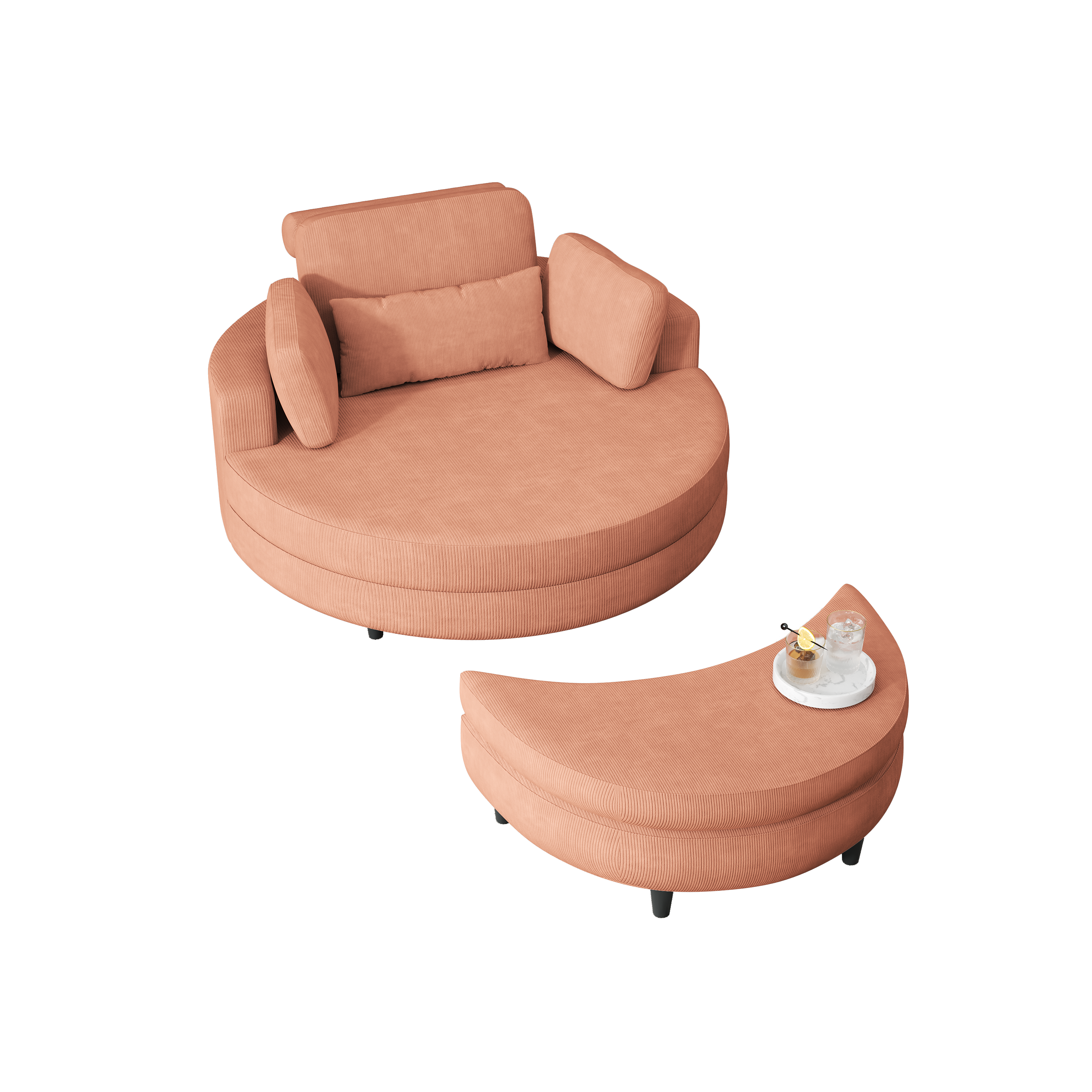A 51-inch orange corduroy sofa with two throw pillows, a waist pillow and an extra tray is comfortable for a small apartment bedroom
