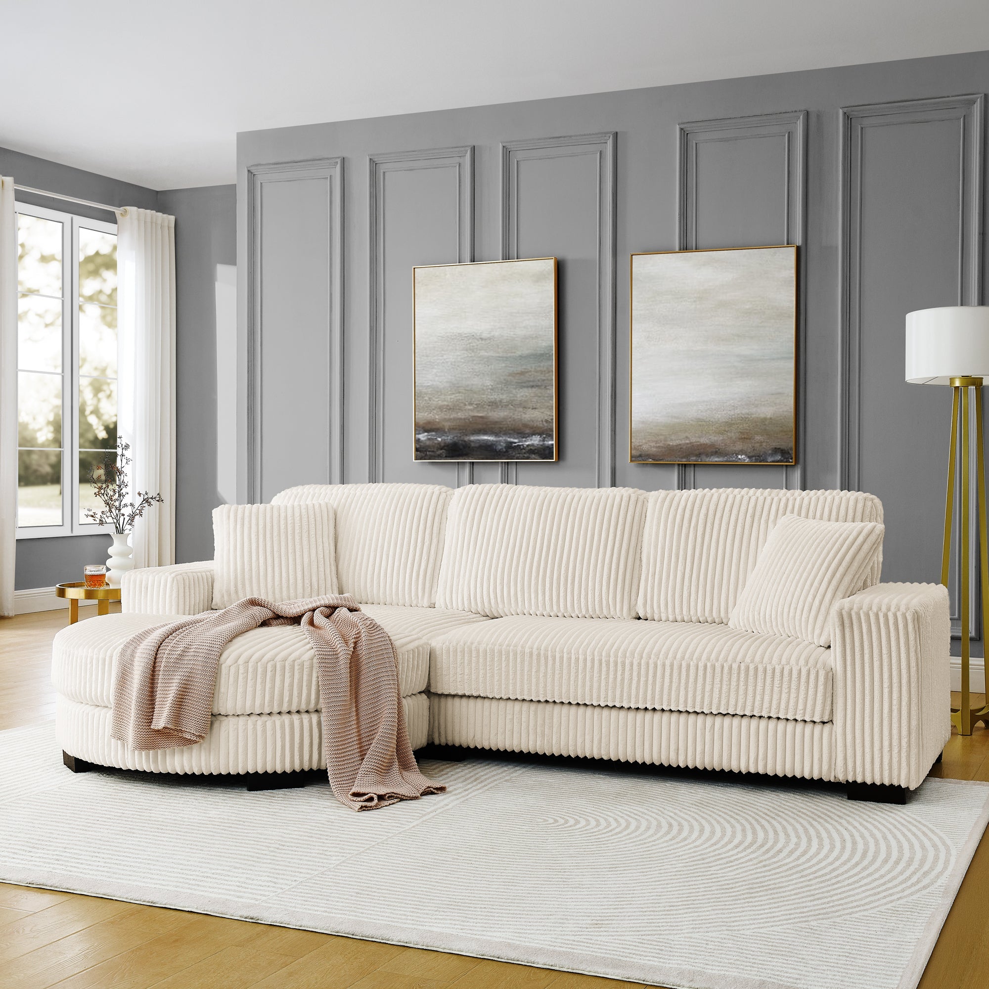Corduroy Tufted Upholstered Sleeper Sectional Sofa, L-Shaped Modular Convertible Sofa ,The arc-shaped footstool can be placed freely on the left and right-Beige