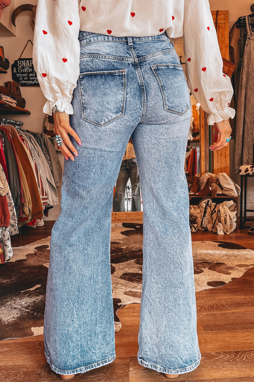 Denim Acid Wash Pockets Flare Jeans