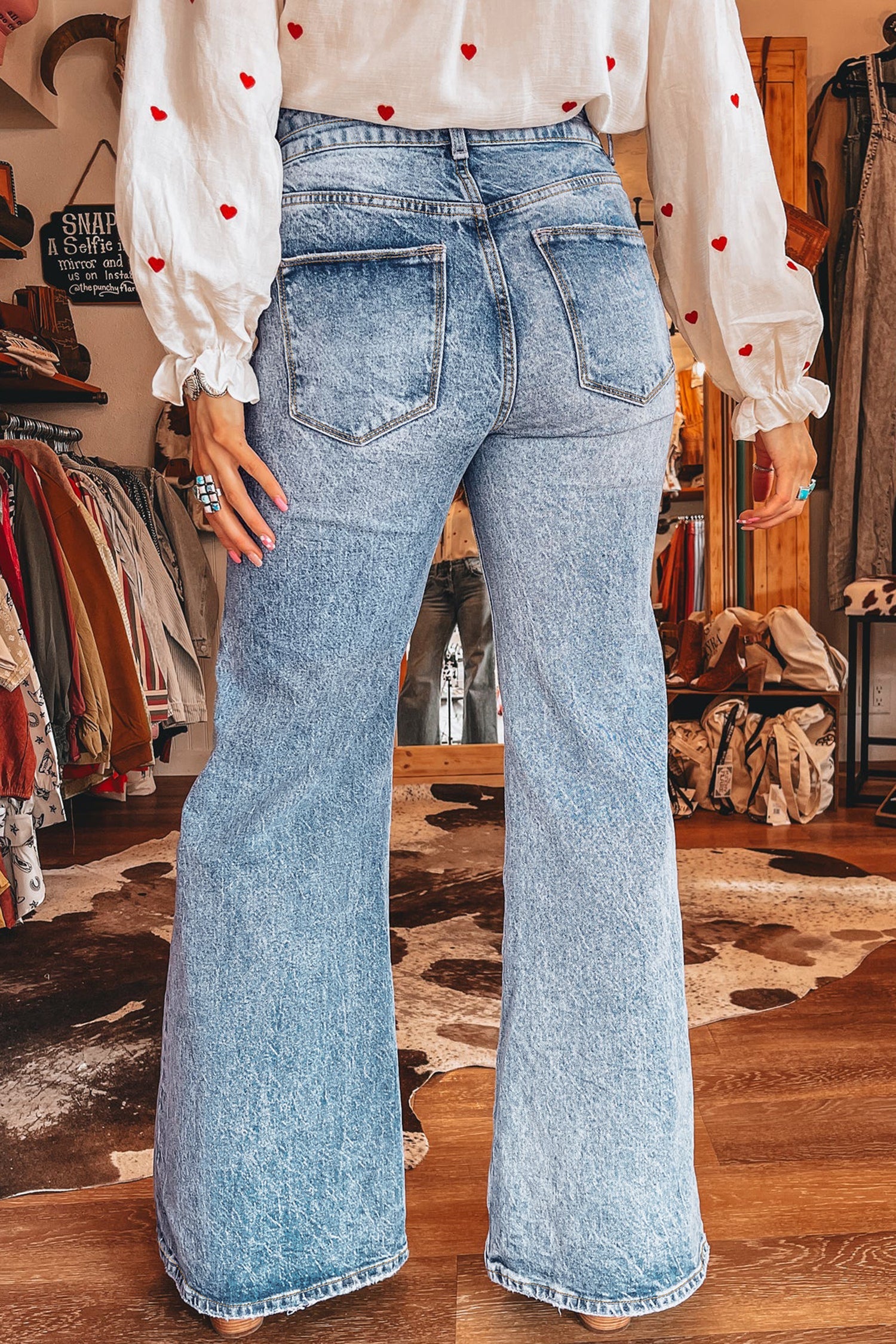 Denim Acid Wash Pockets Flare Jeans