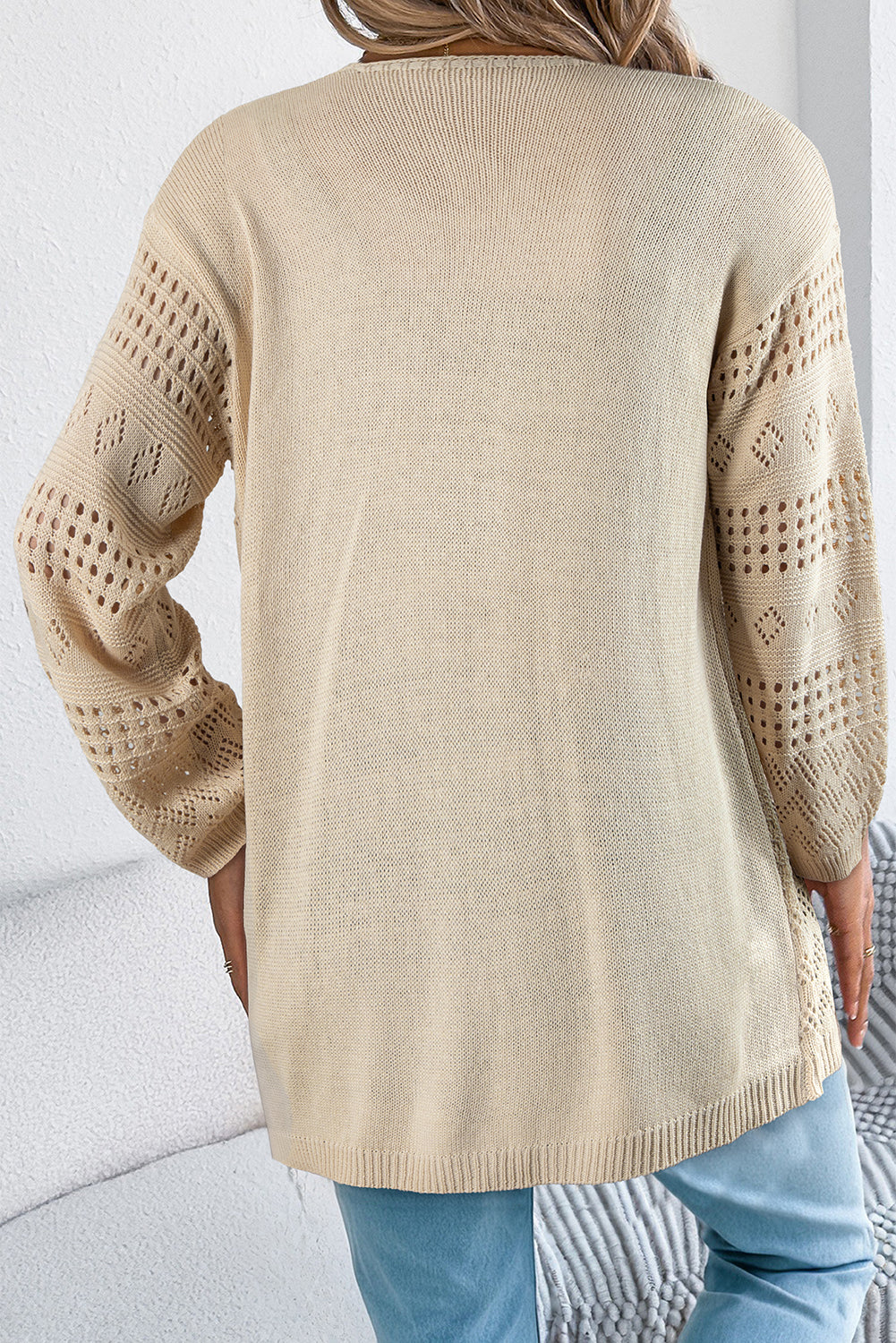 Smoke Gray Hollow Knit Cardigan With Eyelet Cutouts