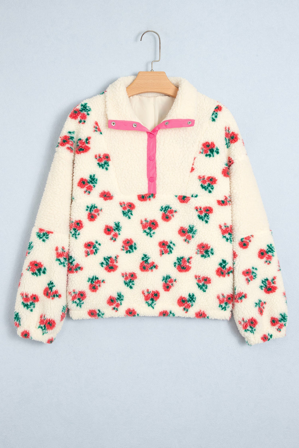 Floral Fleece Contrast Trim Half Button Sweatshirt