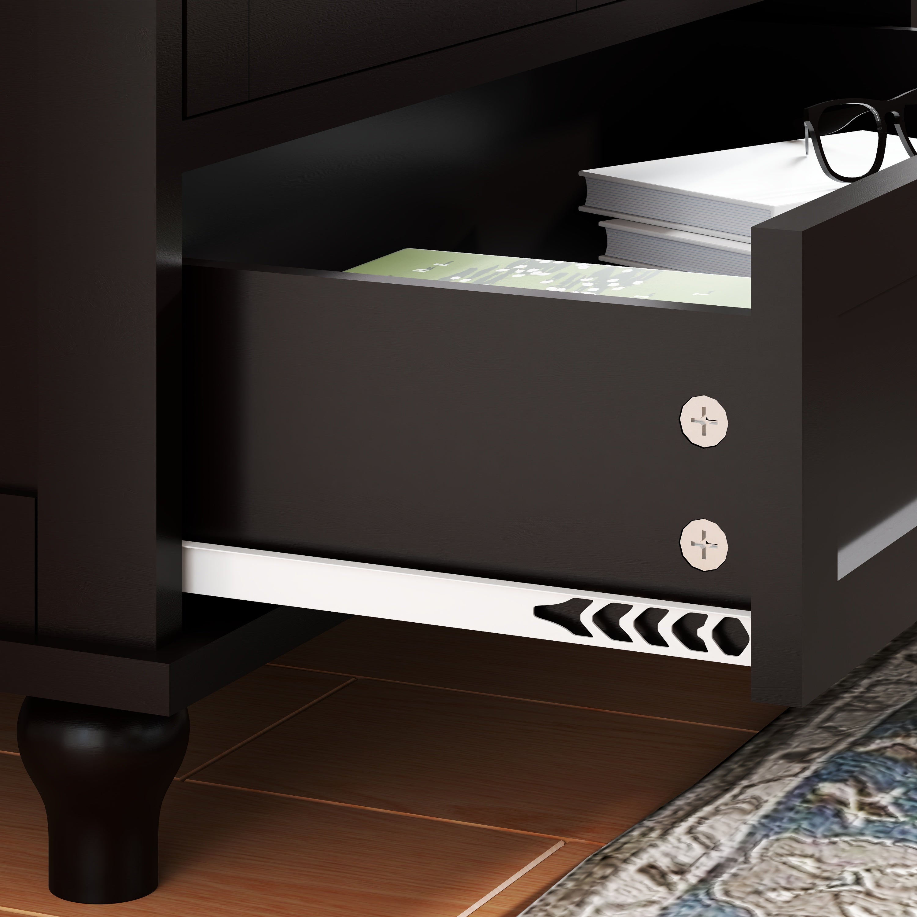 Minimalist Buffet Cabinet with Double Glass Doors and Drawer, Modern Wooden Storage Sideboard in Black