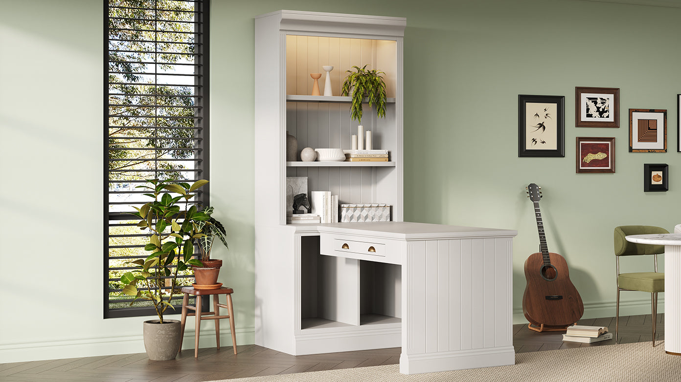 83.4'Tall Bookshelf with Writing Desk, Modern Bookcase with Study Desk, Workstation with Storage Shelf,Storage Bookcase with Open Shelves and LED Lighting for Living Room,Home Office,White