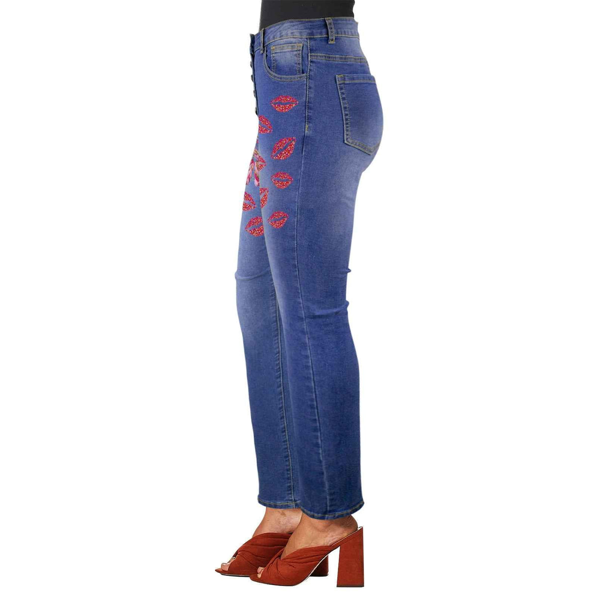 Women's Yarn Love and Red Lips Decorated Jeans with Front Printing