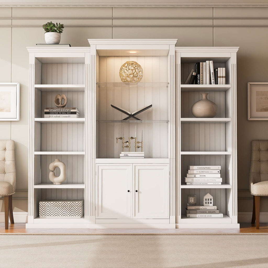 Retro Style 3-Piece Bookcase Display Cabinet with Adjustable LED Lighting, Tempered Glass Shelves, White