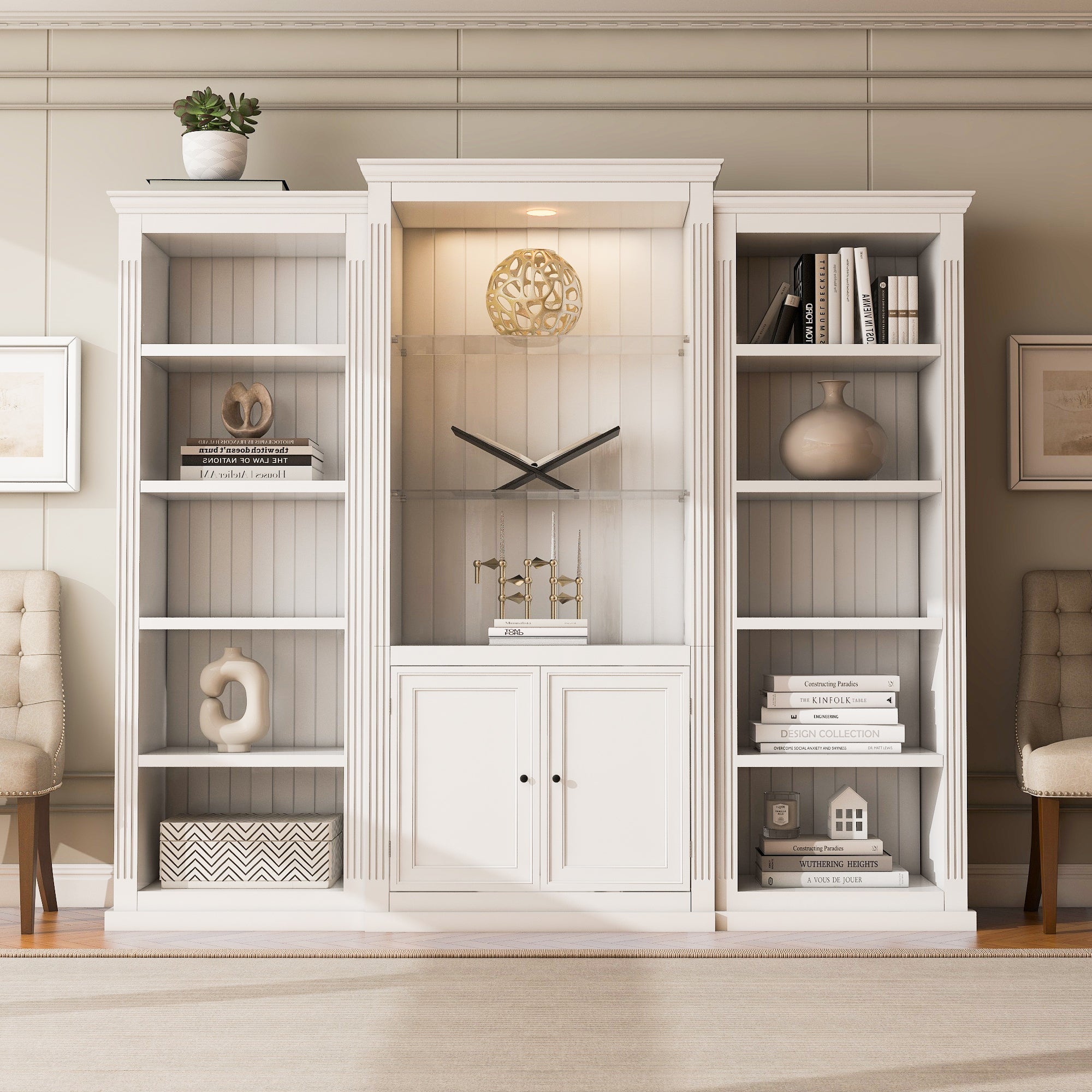 Retro Style 3-Piece Bookcase Display Cabinet with Adjustable LED Lighting, Tempered Glass Shelves, White