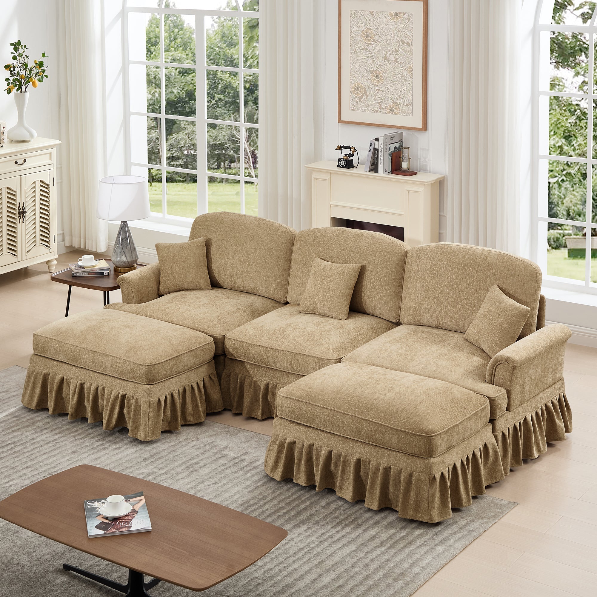 Classic Comfy Modular U Shape Sectional Sofa Couch with Flared Arms and Removable Ruffles Pleats Skirts and Spindle Legs, Upholstered Chenille Deep Seat Cloud Sofa with Movable Ottomans, Light Coffee
