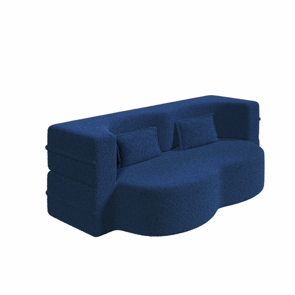 Modern Floor Sofa with 2 Pillows,Convertible Teddy Fabric Foam Filled Sleeper Sofa Bed,15 ' Full Size Folding Mattress for Living Room,Guest Bed,Playroom,no assembly required,Blue