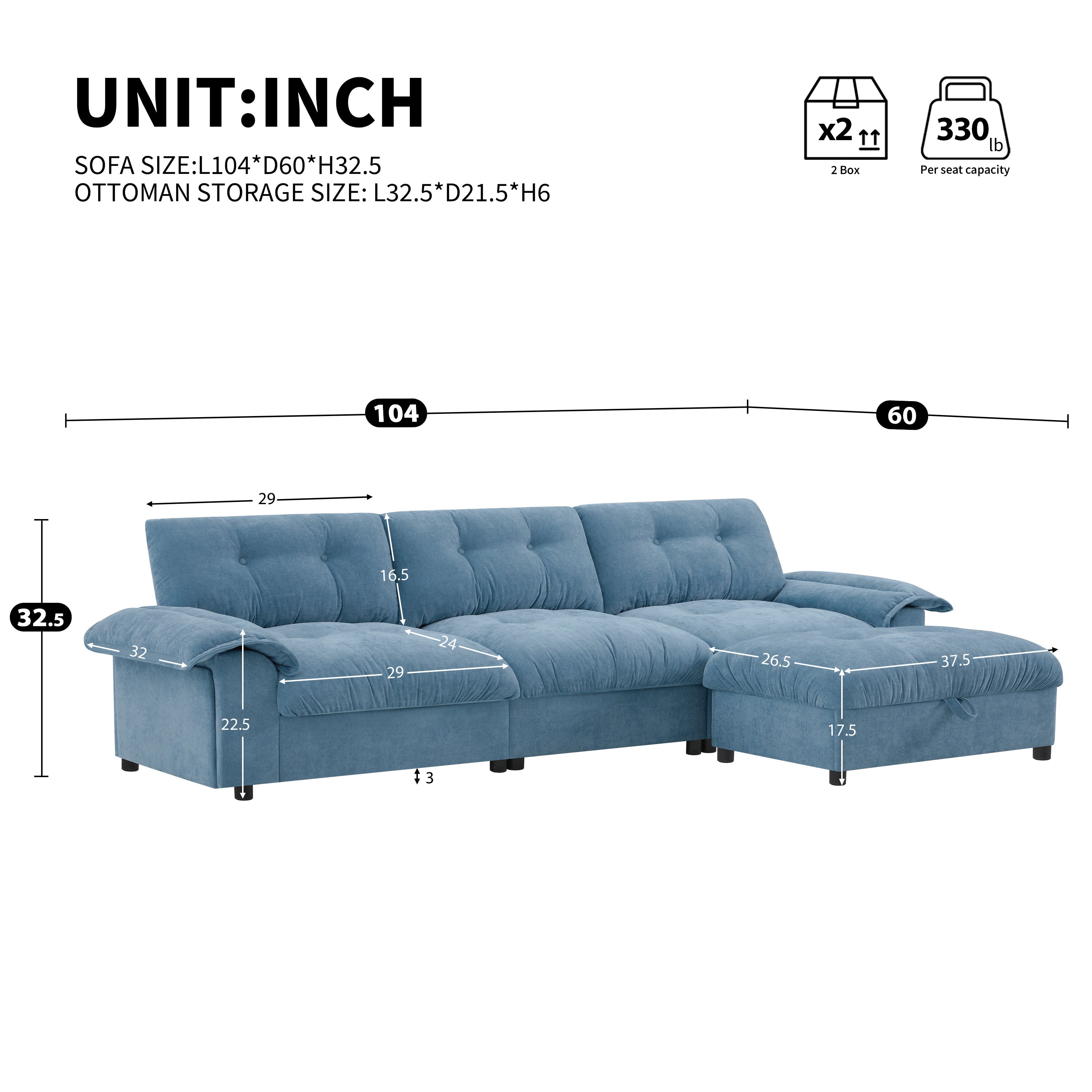 [VIDEO]104*60' Sectional Sofa, L-Shape with Multifunctional Armrest, Dual-Port Charging, Cup Holder, Side Storage Pockets, Movable Storage Ottoman, Unique Tufted Design, Soft Cushion, Chenille,3colors