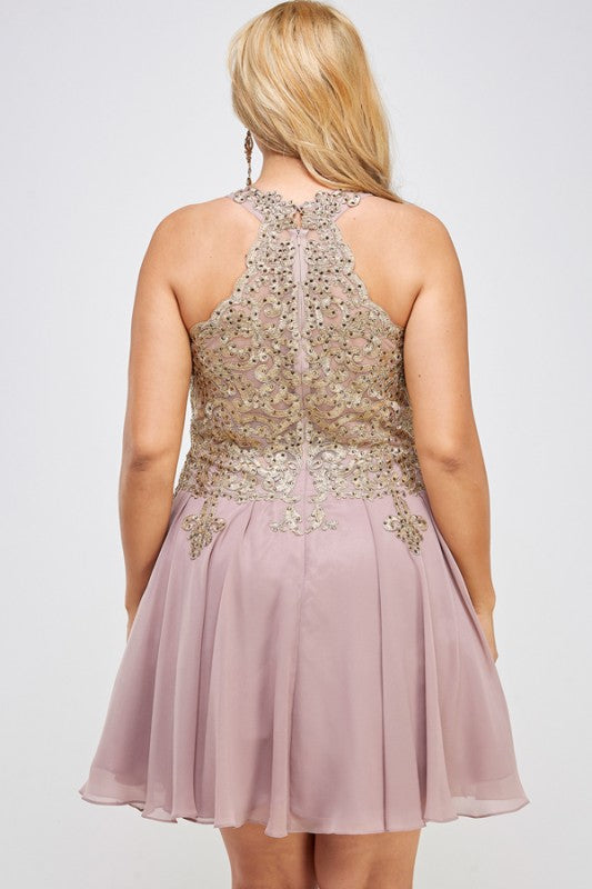 Gold embroidered plus size chiffon dress with built in tulle