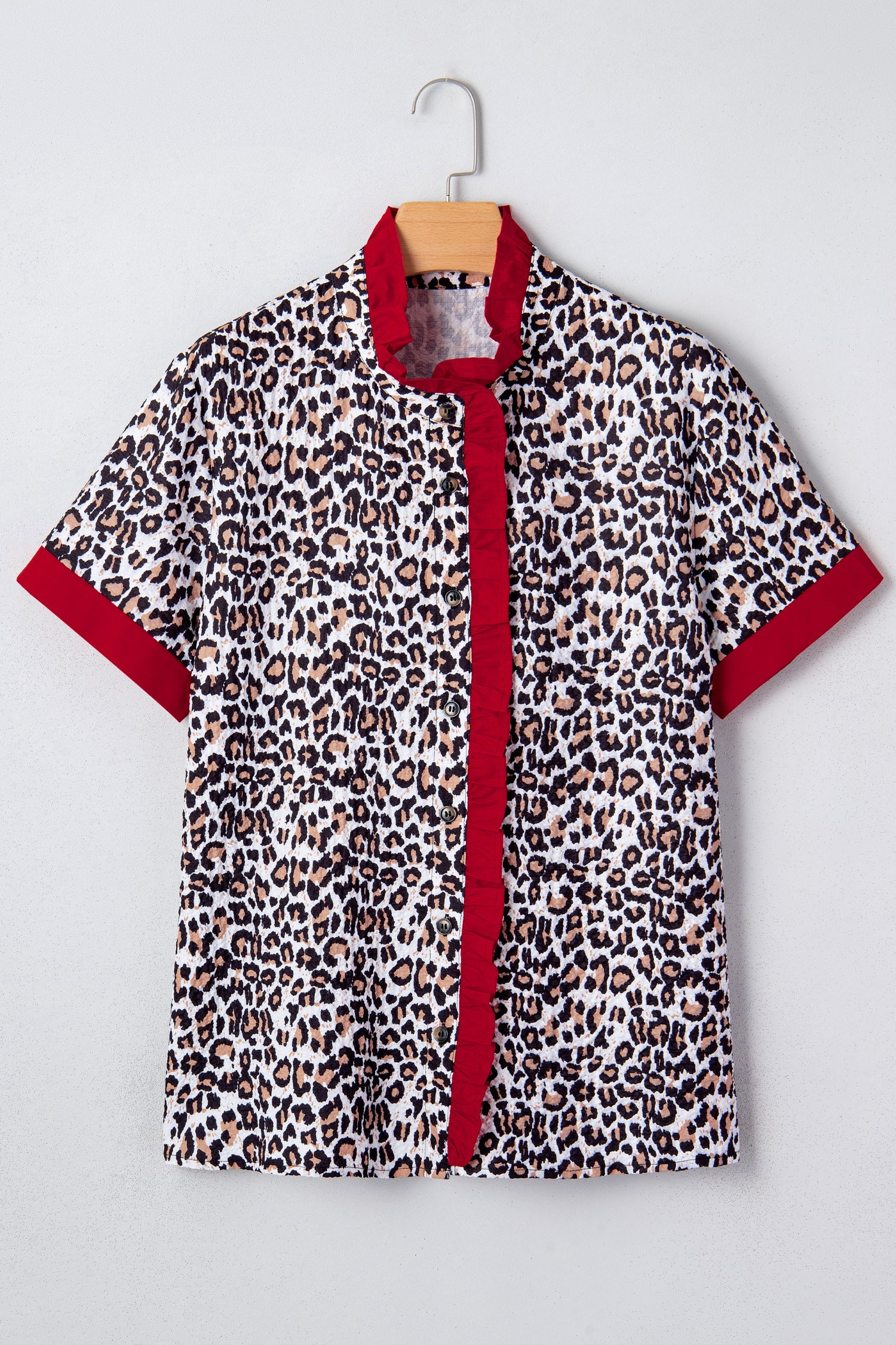 Leopard Contrast Frill V-Neck Trim Shirt