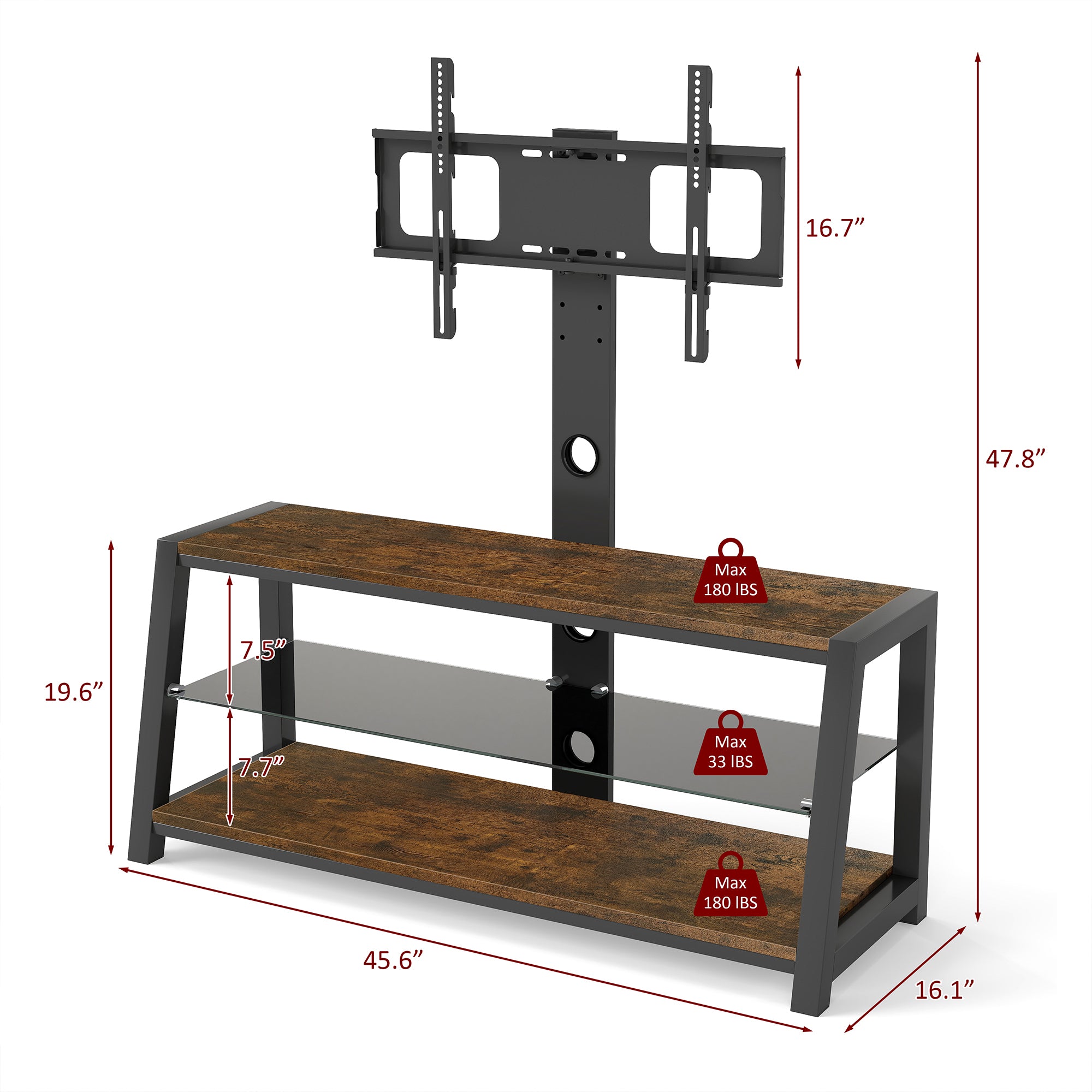 Wooden Storage TV Stand Black Tempered Glass Height Adjustable Universal Swivel Entertainment Center With Mount TV Stand, Rustic Browm