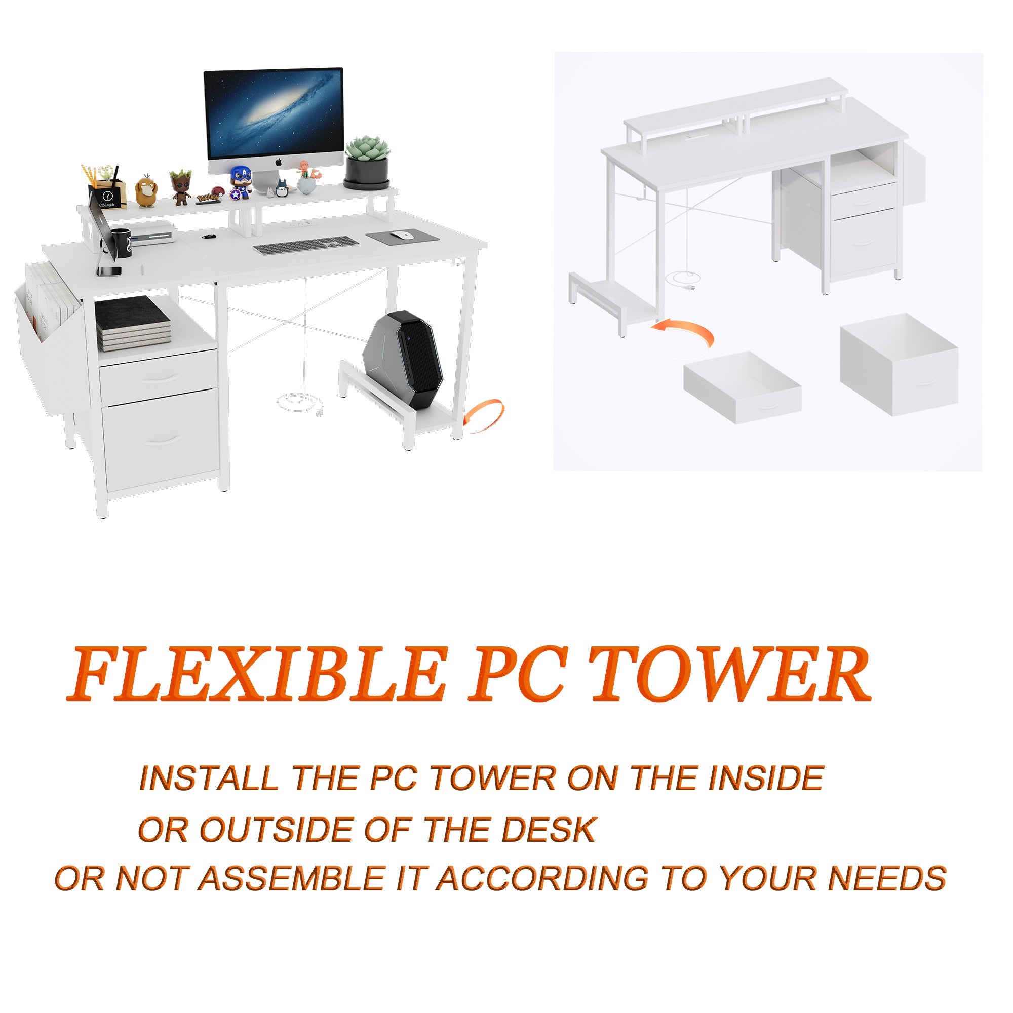 47.3'office desk with power outlet,2 Monitor Stands,2 drawers,Side Pocket,Easy to Assemble,Frame stability Reversible,use for home desk, computer desk, game table,White