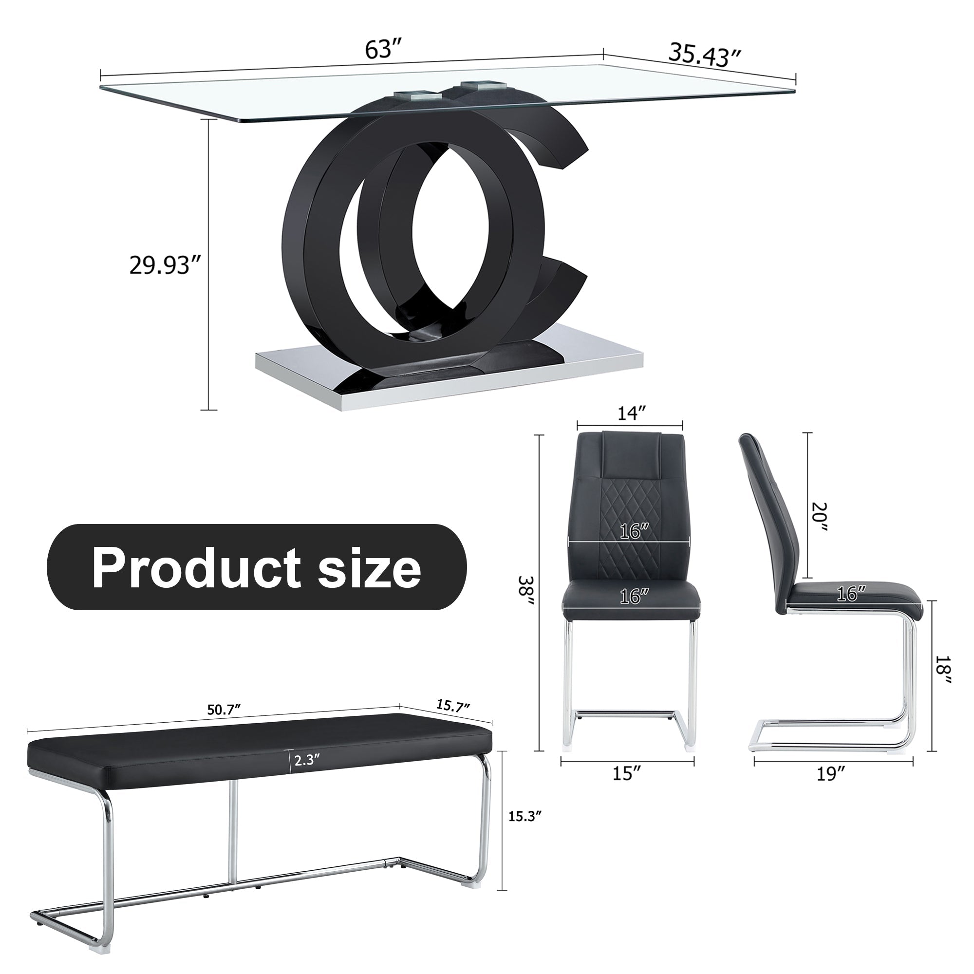 Table and chair set. Luxury Tempered Glass Dining Table Set - 63'x35.4' With 4 Chairs and 1 Bench,A Choice of Subtle Luxury for Modern Homes.Tempered Glass Tabletop,MDF OC Shaped Bracket.W1151S02896