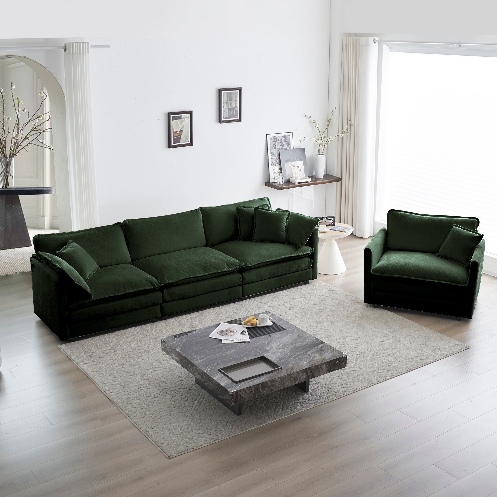 2-Piece Upholstered Sofa, Living Room Sectional Sofa Set Modern Sofa Couches Set , Deep Seat Sofa for Living Room Apartment, 1+3 Seat Green Chenille