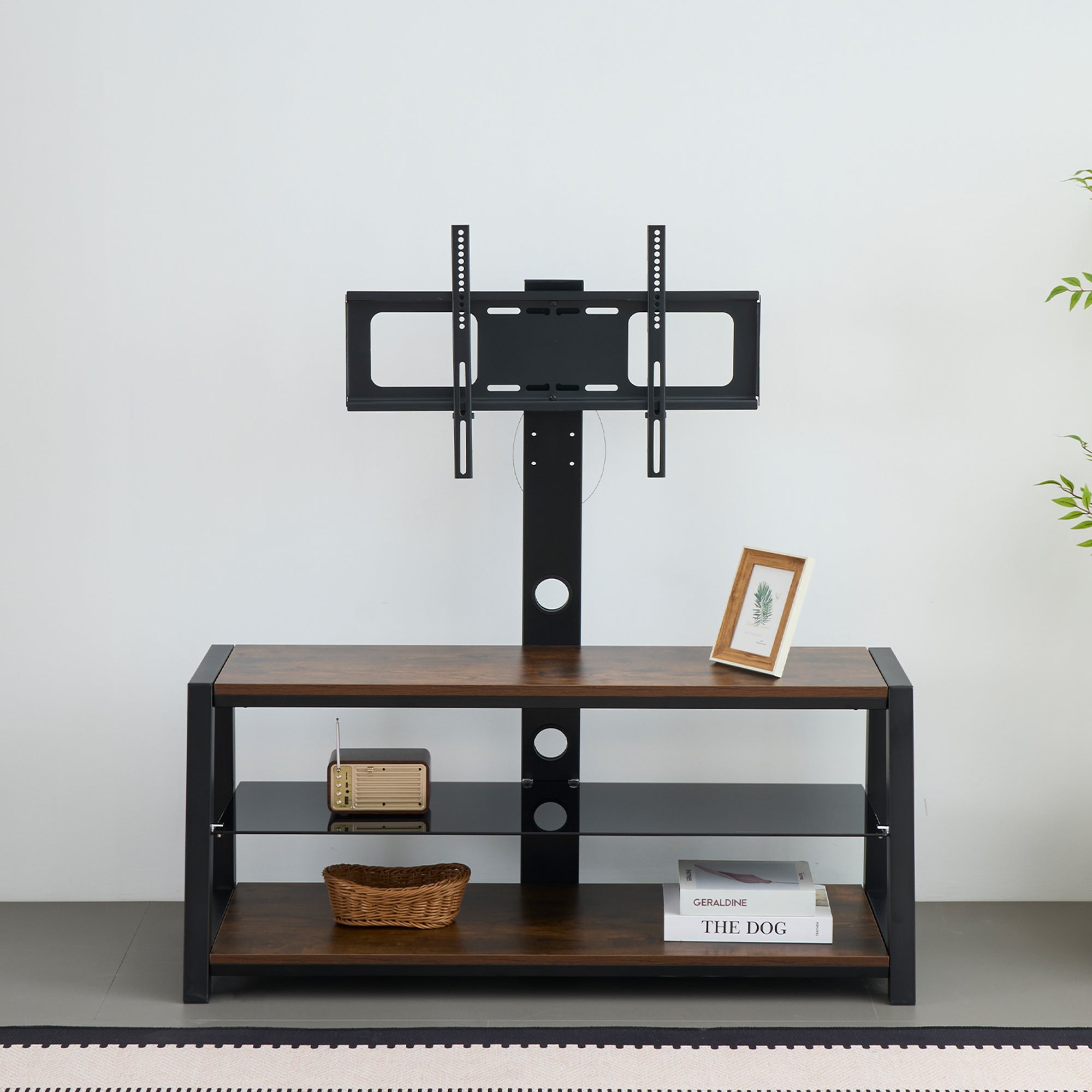 Wooden Storage TV Stand Black Tempered Glass Height Adjustable Universal Swivel Entertainment Center With Mount TV Stand, Rustic Browm