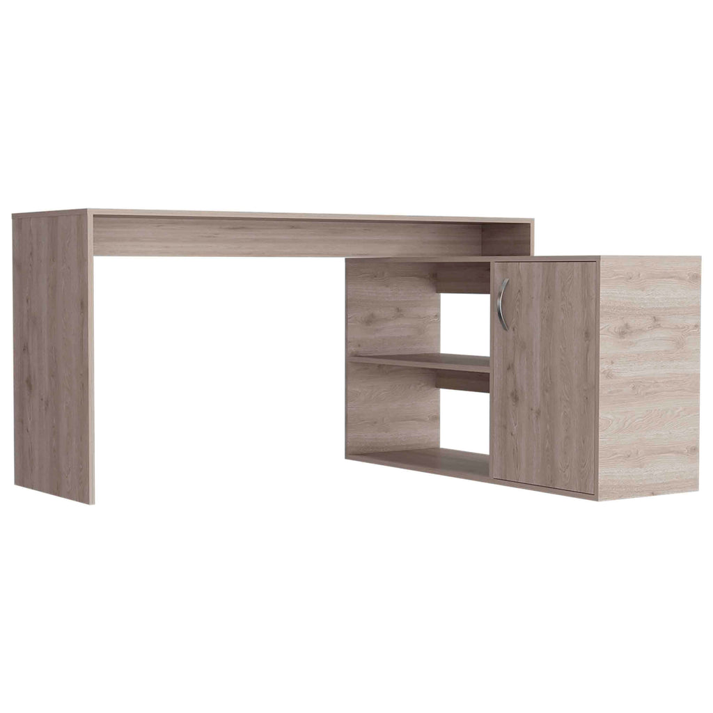 Antlia L-Shaped Writing Desk, Two Shelves, Single Door Cabinet