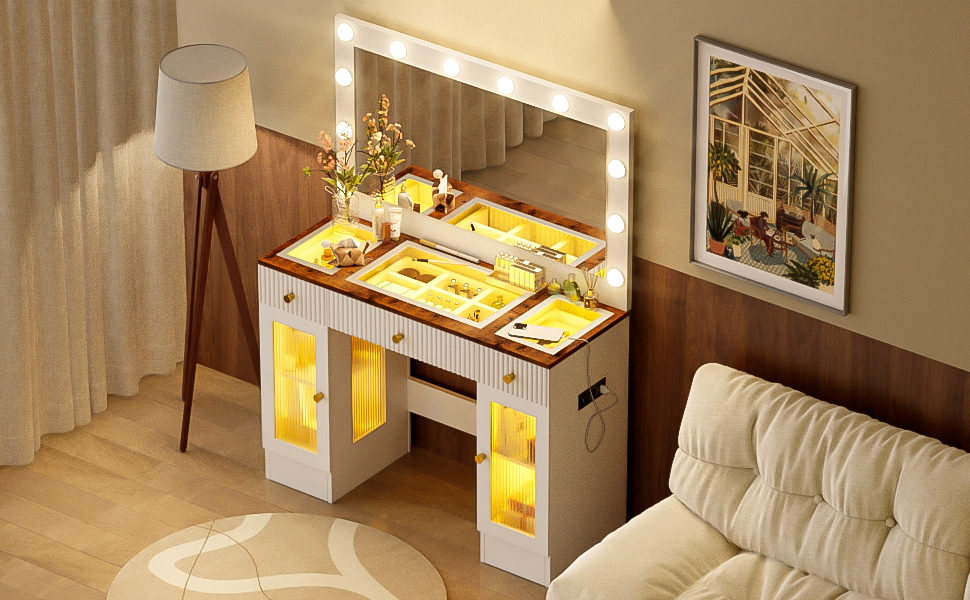 43.3' Vanity Desk with Large Mirror and Hollywood Bulbs, Modern Glass Top Makeup Vanity with Drawers and Power Outlet, Large Dressing Table with 3 Color Lighting Modes & RGB Cabinets for Bedroom
