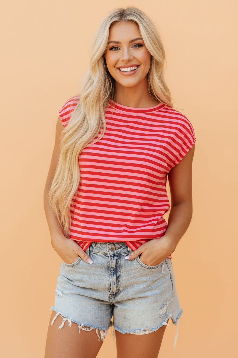 Stripe Ribbed Cap Sleeve Round Neck T-Shirt