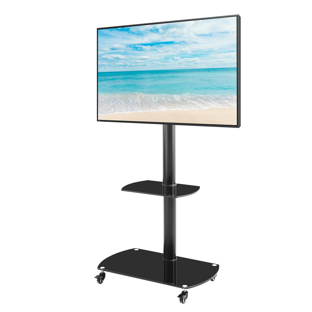 Height and Angle Adjustable Mobile TV Stand with Tempered Glass Shelves and Lockable Wheels, Black Metal Frame, Fits 32-65 Inch TVs