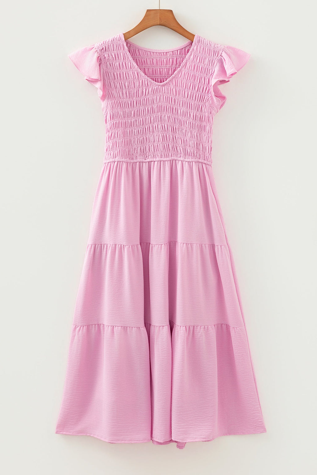 Smocked V-Neck Flutter Sleeve Tiered Midi Dress