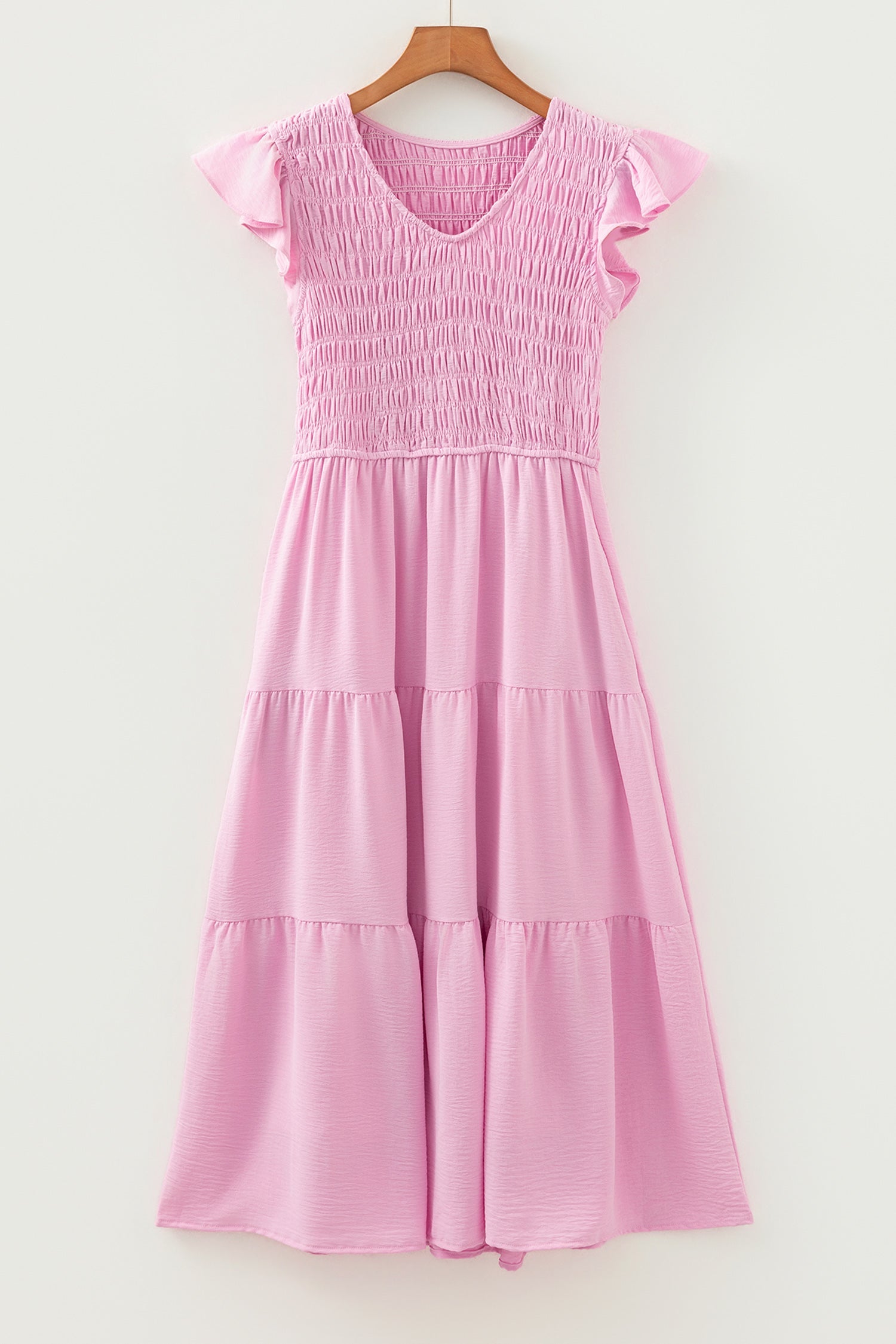 Smocked V-Neck Flutter Sleeve Tiered Midi Dress