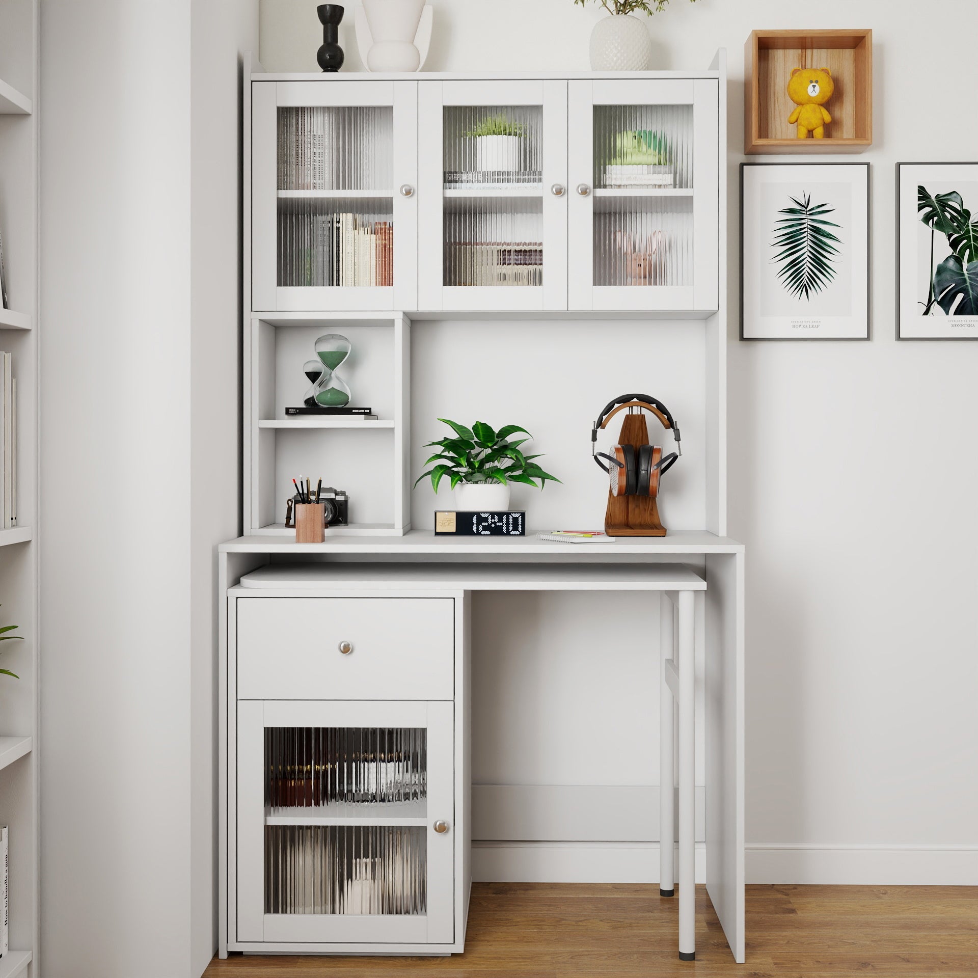 Computer Desk with glass door for Home Office or Study desk,  Bookshelf & Hutch, Computer Desk with 90 Degree Rotating Desktop,Large Working Space