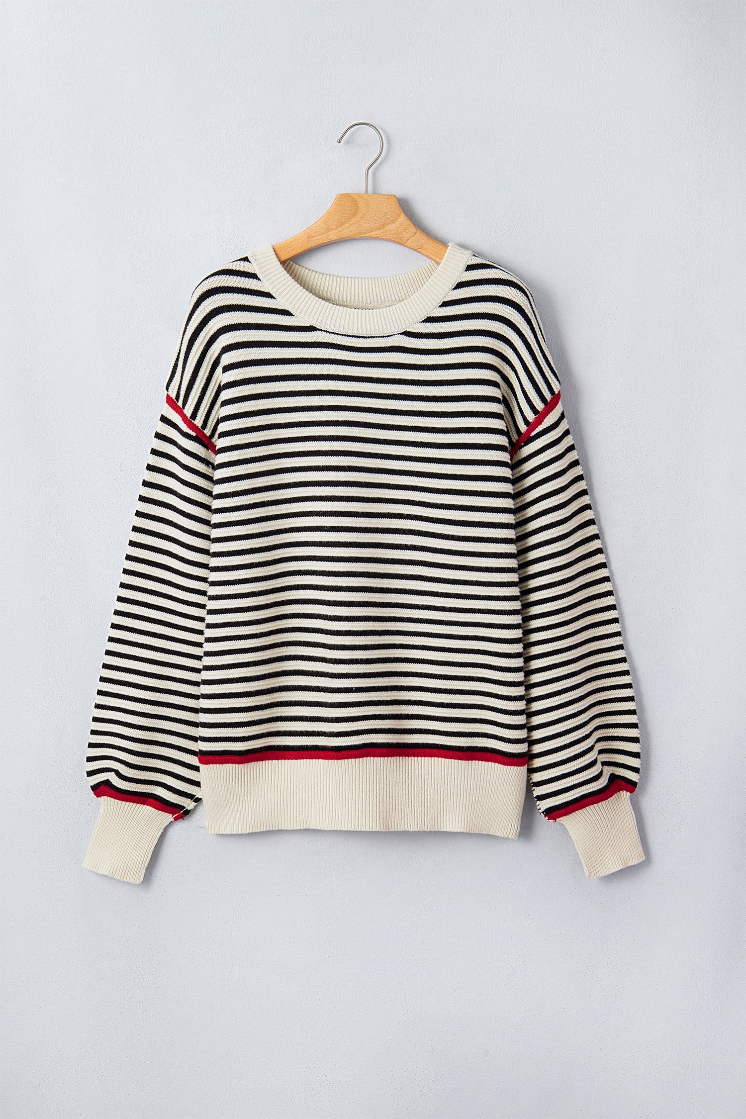 Stripe Ribbed Trim Reverse Seam Drop Shoulder Sweater