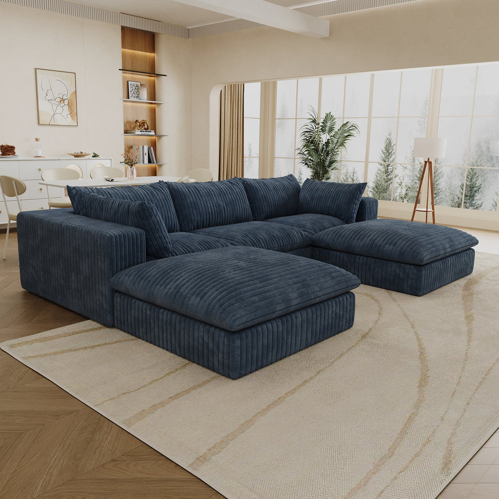 118.2' Cloud Sofa,Corduroy Fabric,Deep Seat Couches,Double-layer design,Removable Cushion,No Assembly, DIY Combination for Living room, Bedroom,Conference room ,Apartment,Blue