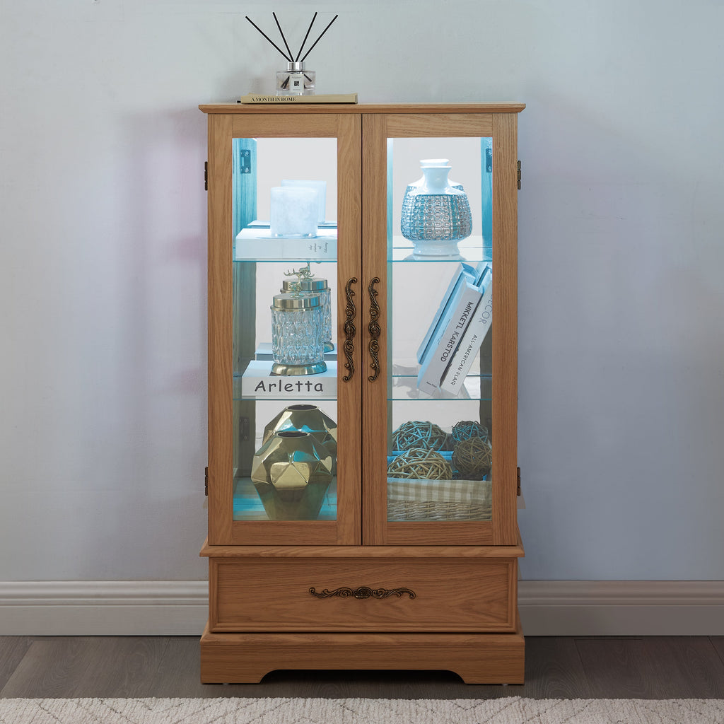 Lighted Glass Curio Display Cabinet with Adjustable Shelves - 2 Doors, 1 Drawer, LED Lights, Elegant Light Oak Finish