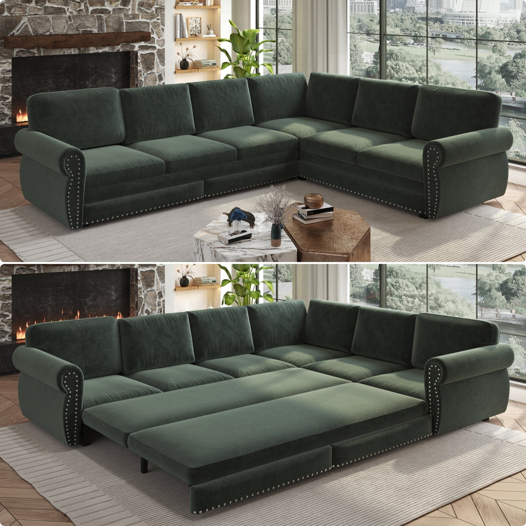 118 ' L-Shaped Sofa Couch with Pull-Out Bed, Oversize Convertible Sleeper Sofa with Nailhead Trim & Rolled Arm, Chenille Upholstered Sectional Couches, for Living Room, Apartment, Office, Green
