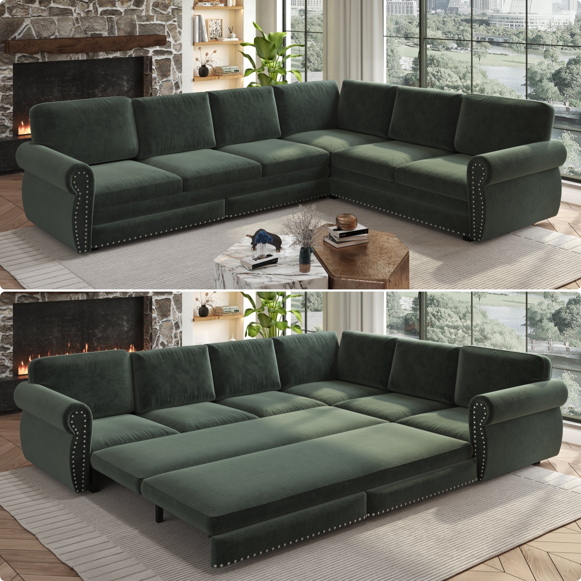 118 ' L-Shaped Sofa Couch with Pull-Out Bed, Oversize Convertible Sleeper Sofa with Nailhead Trim & Rolled Arm, Chenille Upholstered Sectional Couches, for Living Room, Apartment, Office, Green