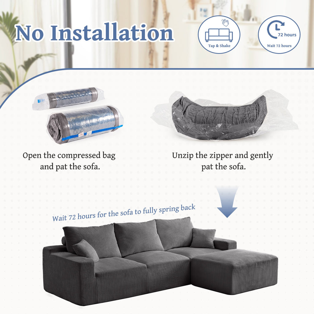 '110' L-Shaped Sectional Sofa, Full-Compression 3-Seater Cloud Couch with Chaise, No Assembly Required Sofa for Living Room, Ultra-Soft Deep Seat Modular Sofa(Corduroy, Grey)