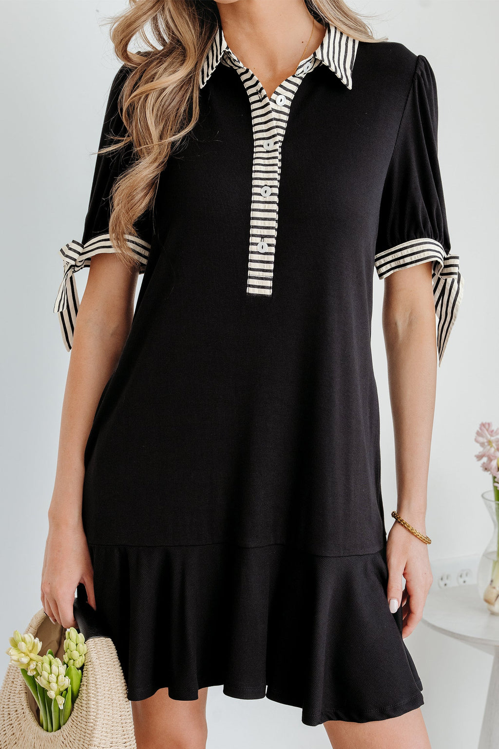 Stripe Polo Collar Tied Short Sleeve Mini Dress