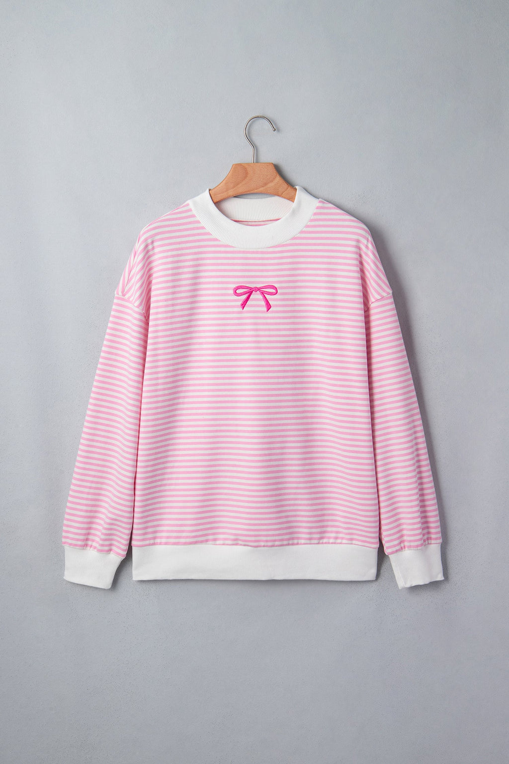 Stripe Bow Embroidered Contrast Mock Neck Sweatshirt